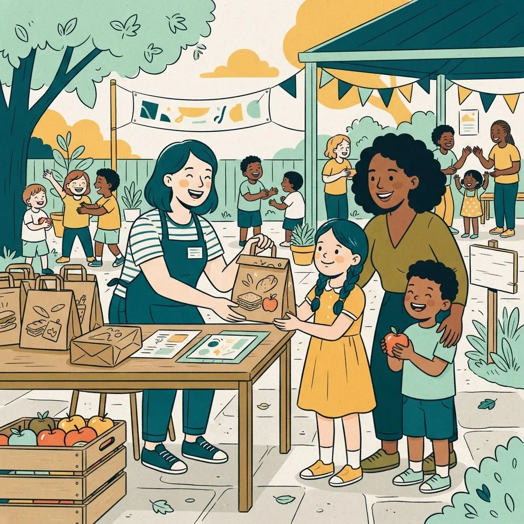 Volunteer handing a packed meal to a family at a holiday club