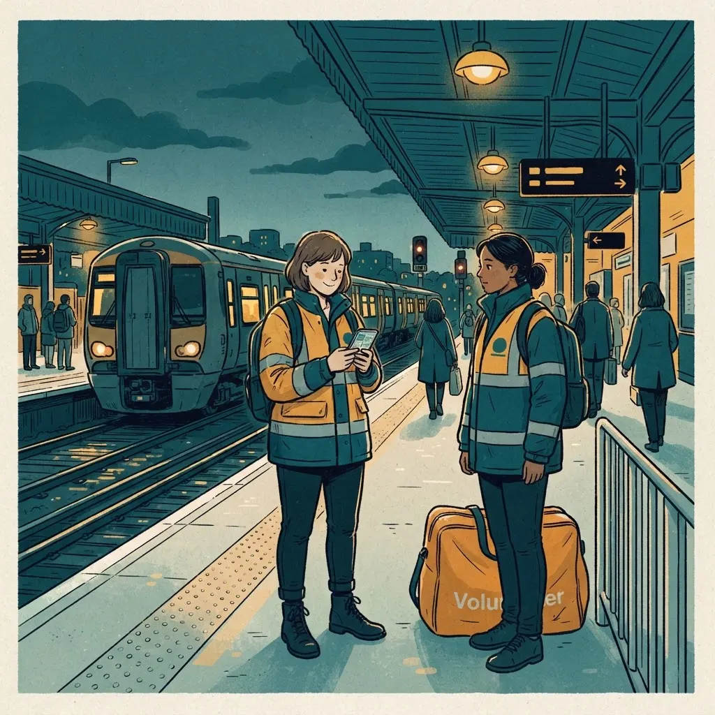Two volunteers in hi-vis jackets on a station platform at dusk